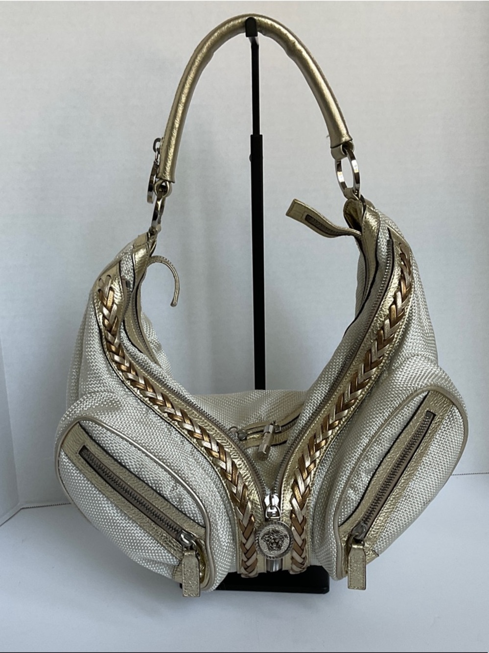Versace Metallic Cream Hobo with Gold Braided Trim